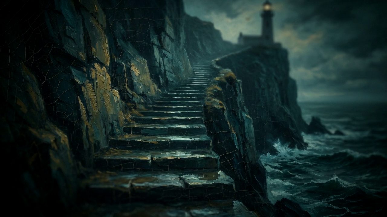 Steintreppe entlang einer Steilküste hinauf zum Leuchtturm der Flannan-Inseln.