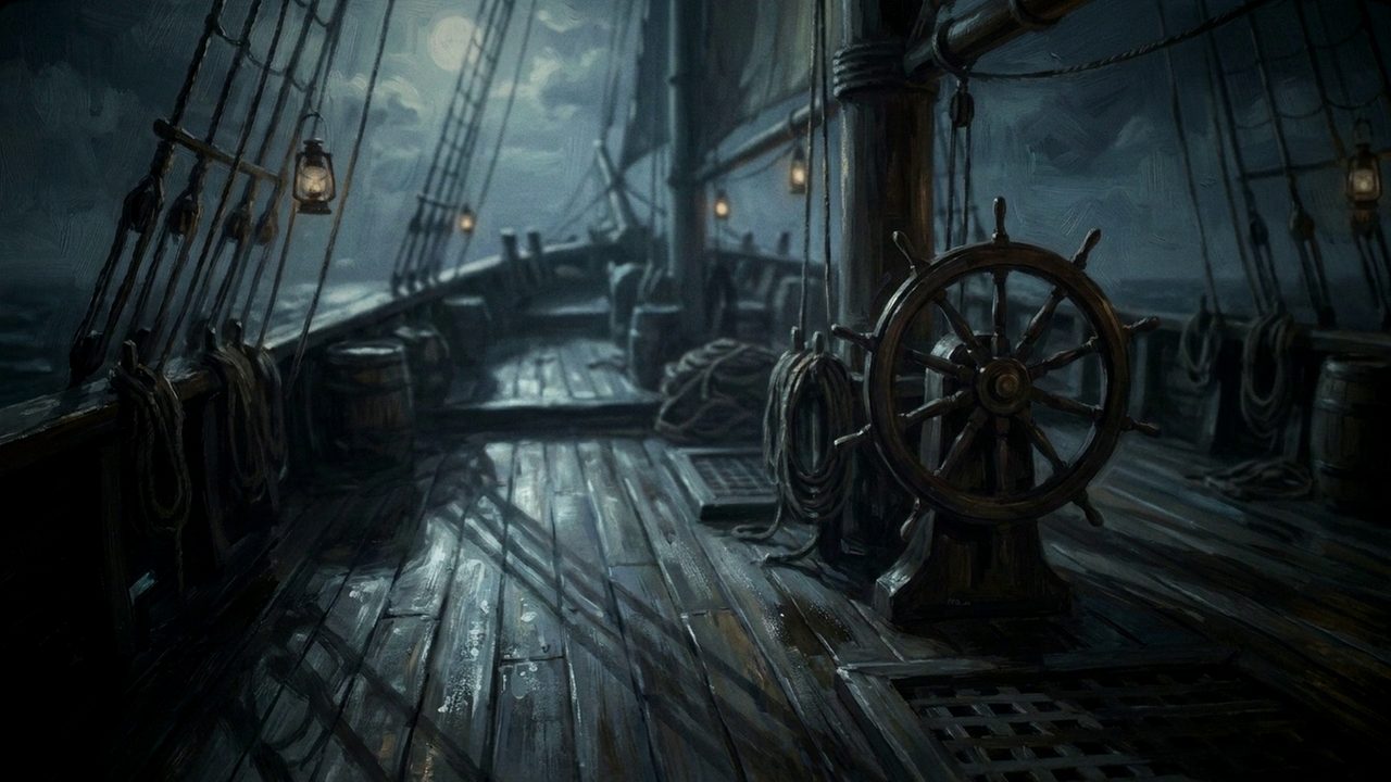 Nächtliches Deck eines Segelschiffs mit Steuerrad und brennenden Laternen.