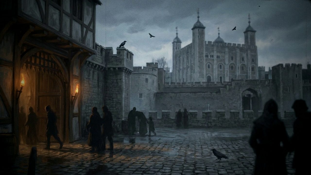 Der Tower of London im Abendlicht mit Fackeln und Raben im Innenhof.